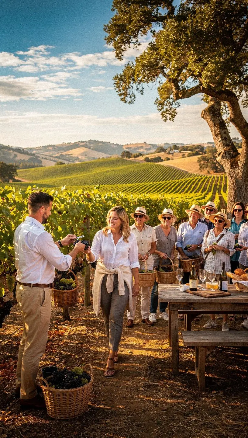 Kolorowy targ z różnorodnymi straganami pełnymi świeżych owoców i warzyw.